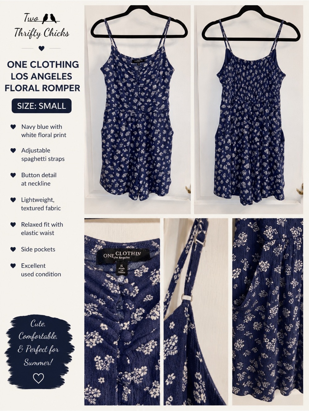 One Clothing Navy and White Floral Spaghetti-Strap Romper